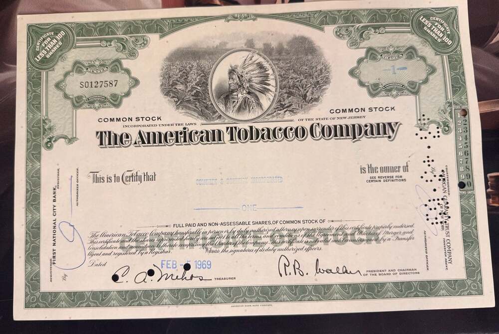 Vintage 1960’s The American Tobacco Company Common Stock Certificate